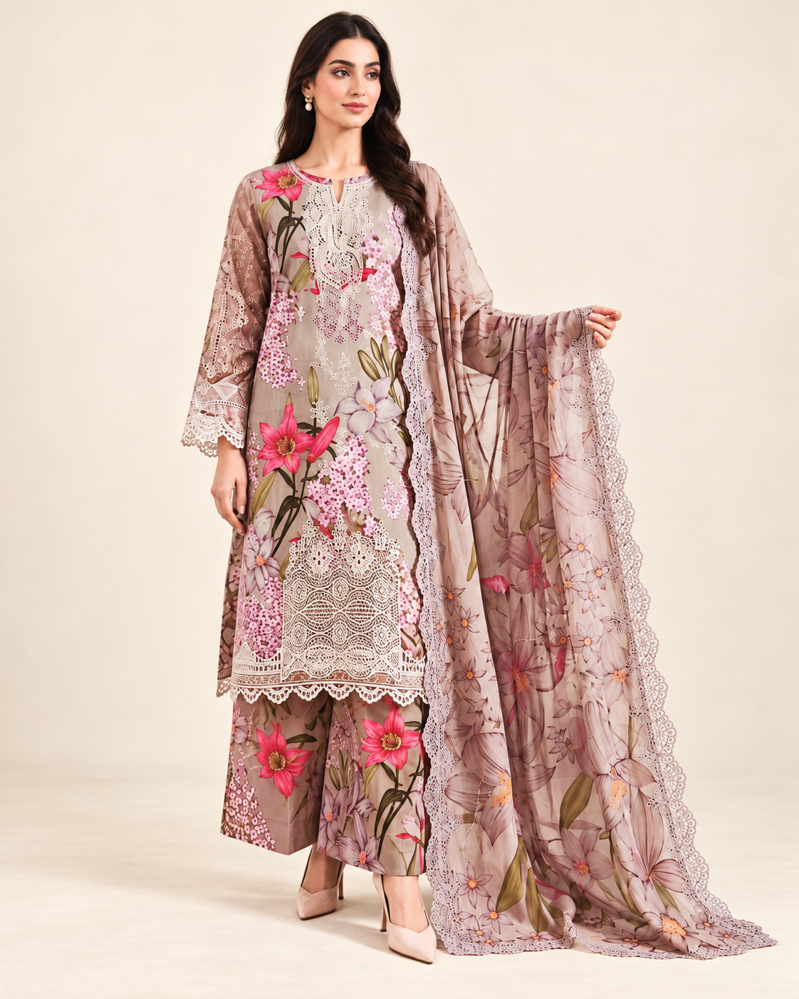 Maria.B Beige Embroidered Lawn 3-Piece - matching studio view