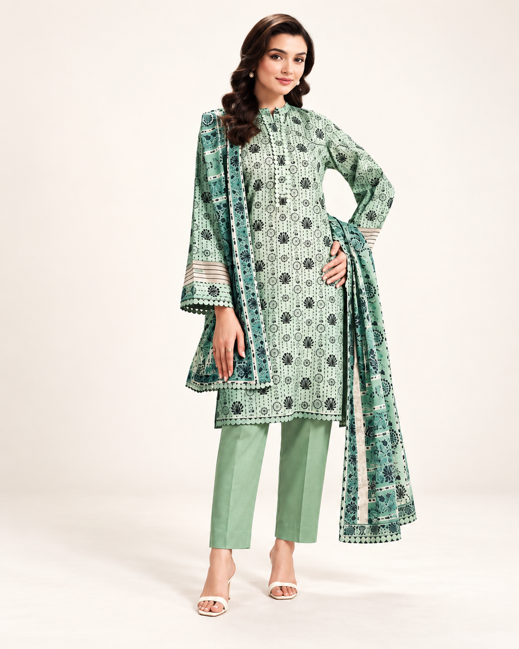 Nishat Mint Printed Lawn 3-Piece - matching studio view