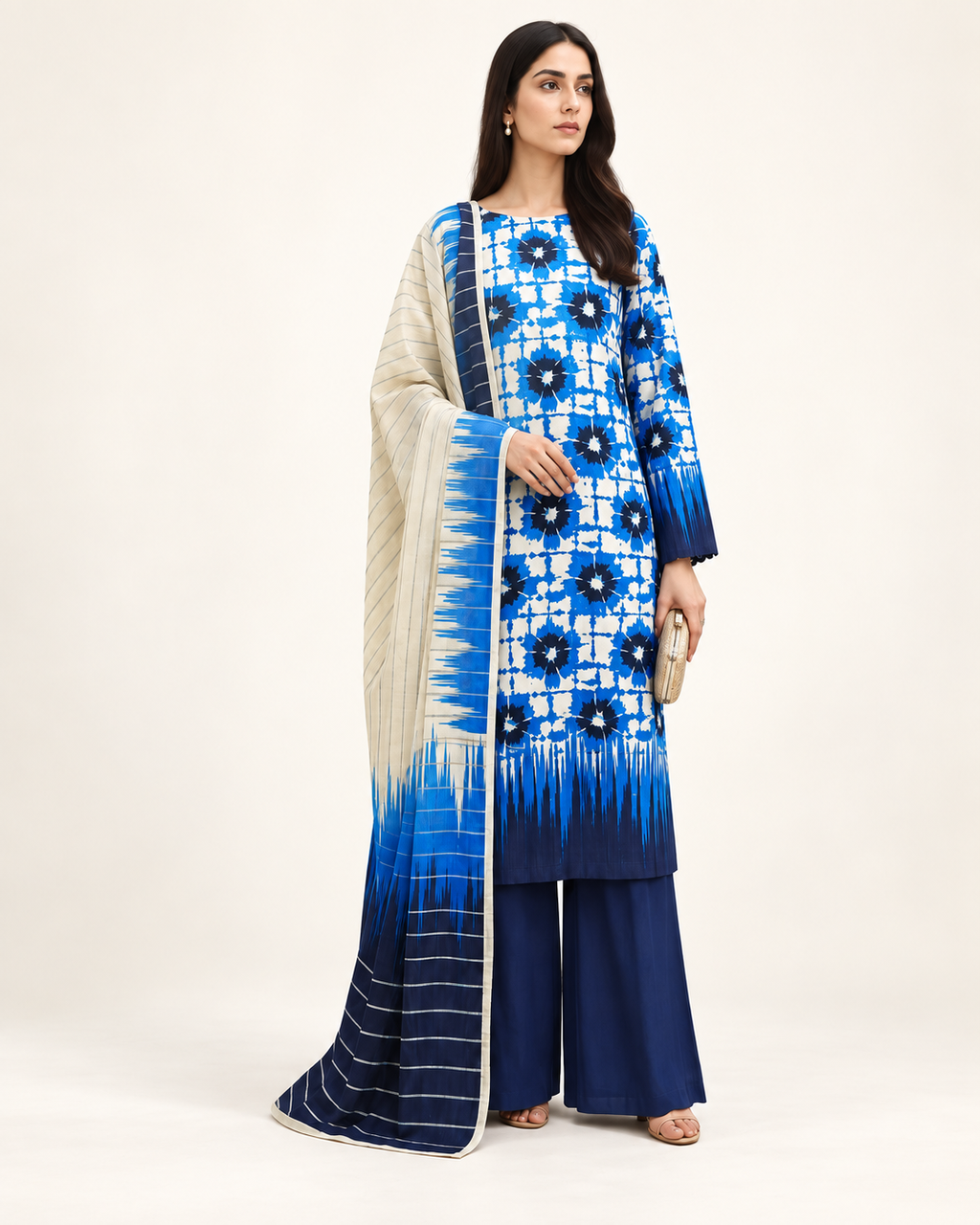 COCO Vera Blue Printed Lawn 3-Piece - matching studio view