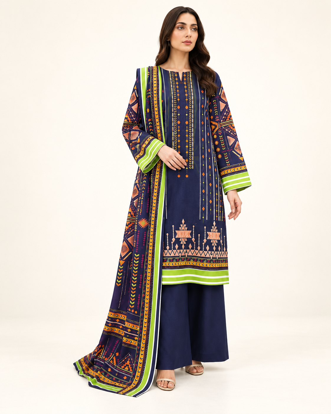 Nishat Navy Multicolor Lawn 3-Piece - matching studio view