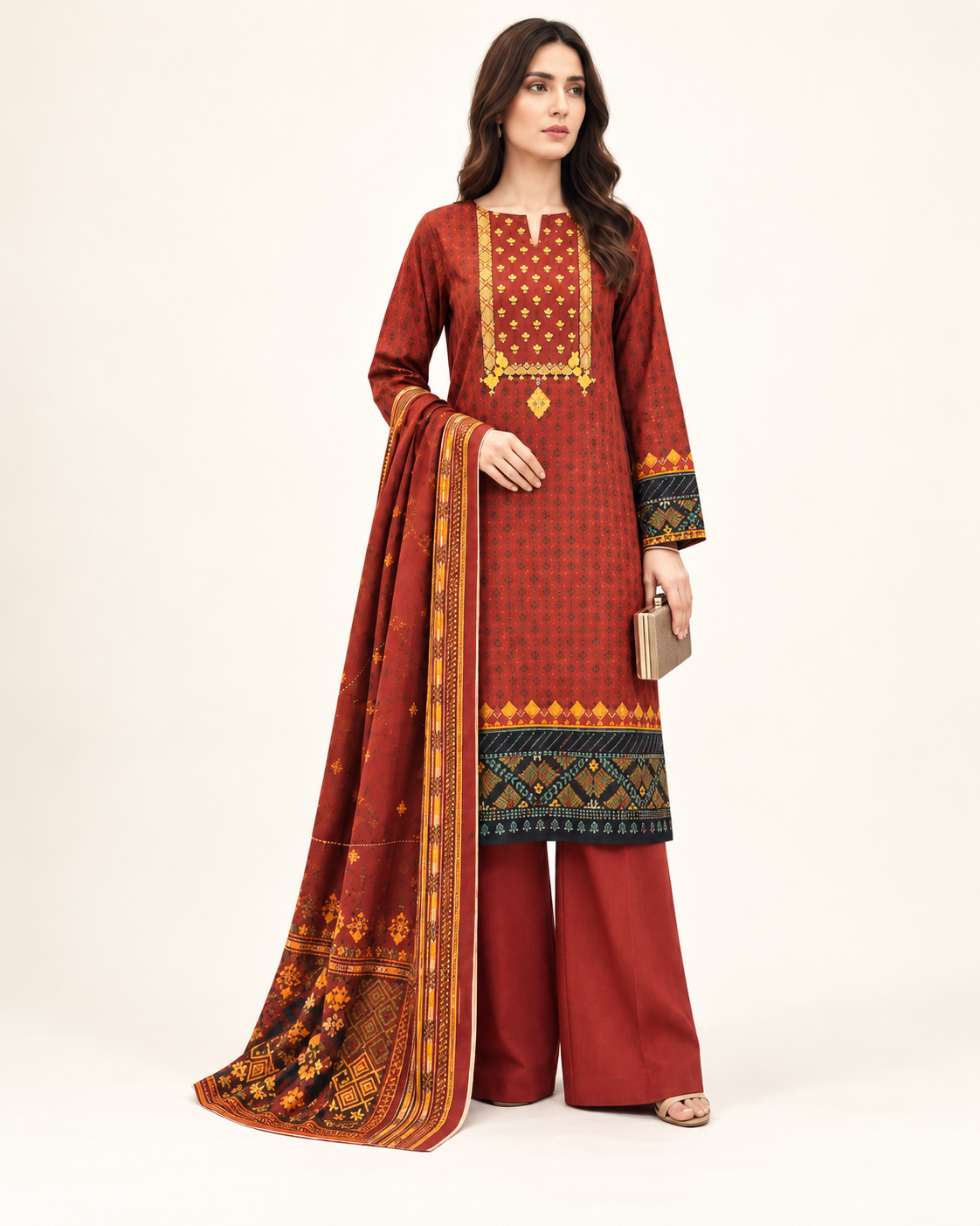COCO Gece Rust Printed Lawn 3-Piece - matching studio view