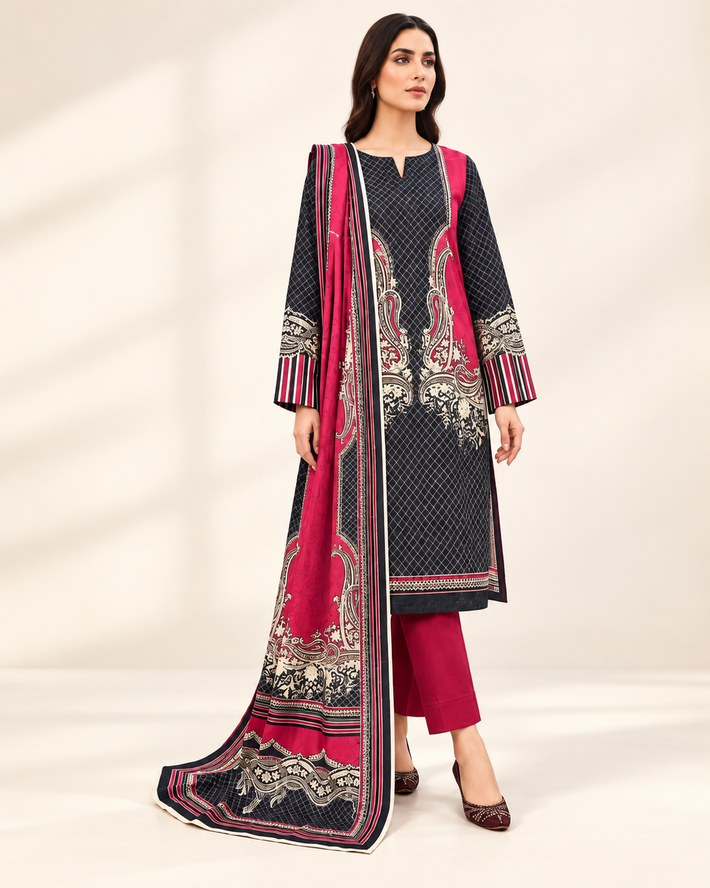 Nishat Black Printed Lawn 3-Piece - matching studio view