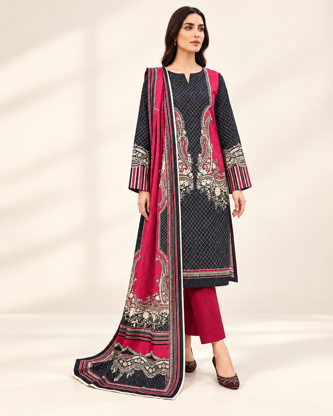 Nishat Black Printed Lawn 3-Piece - matching studio view