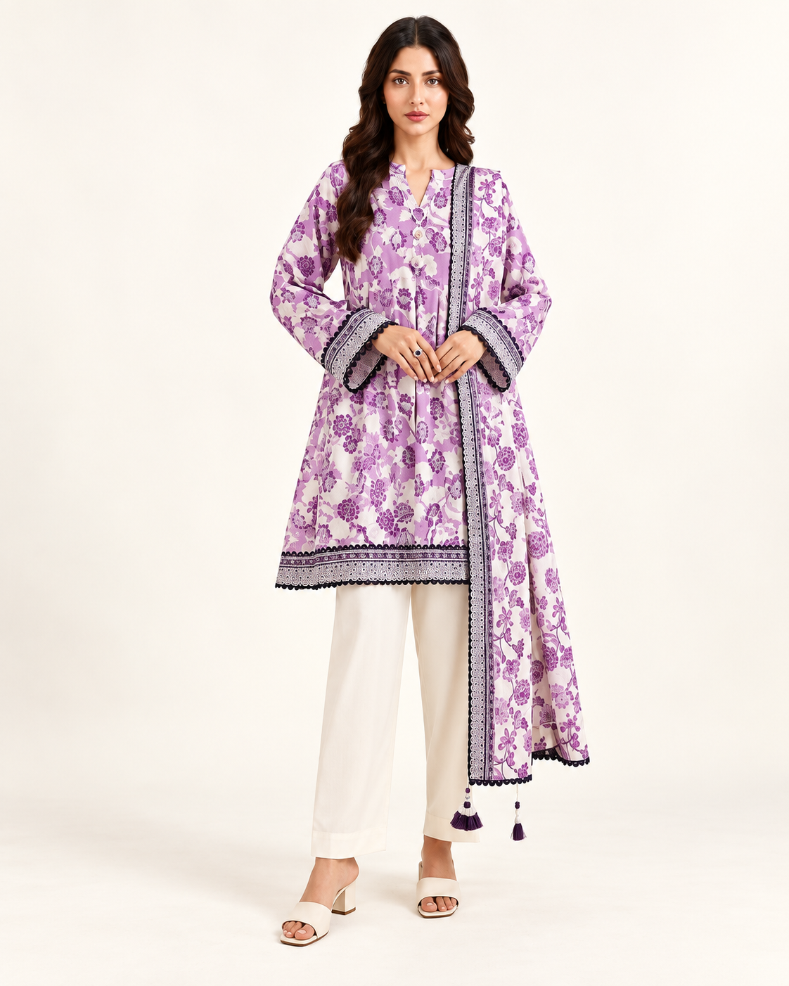 Sapphire Lilac Printed Lawn 3-Piece - matching studio view