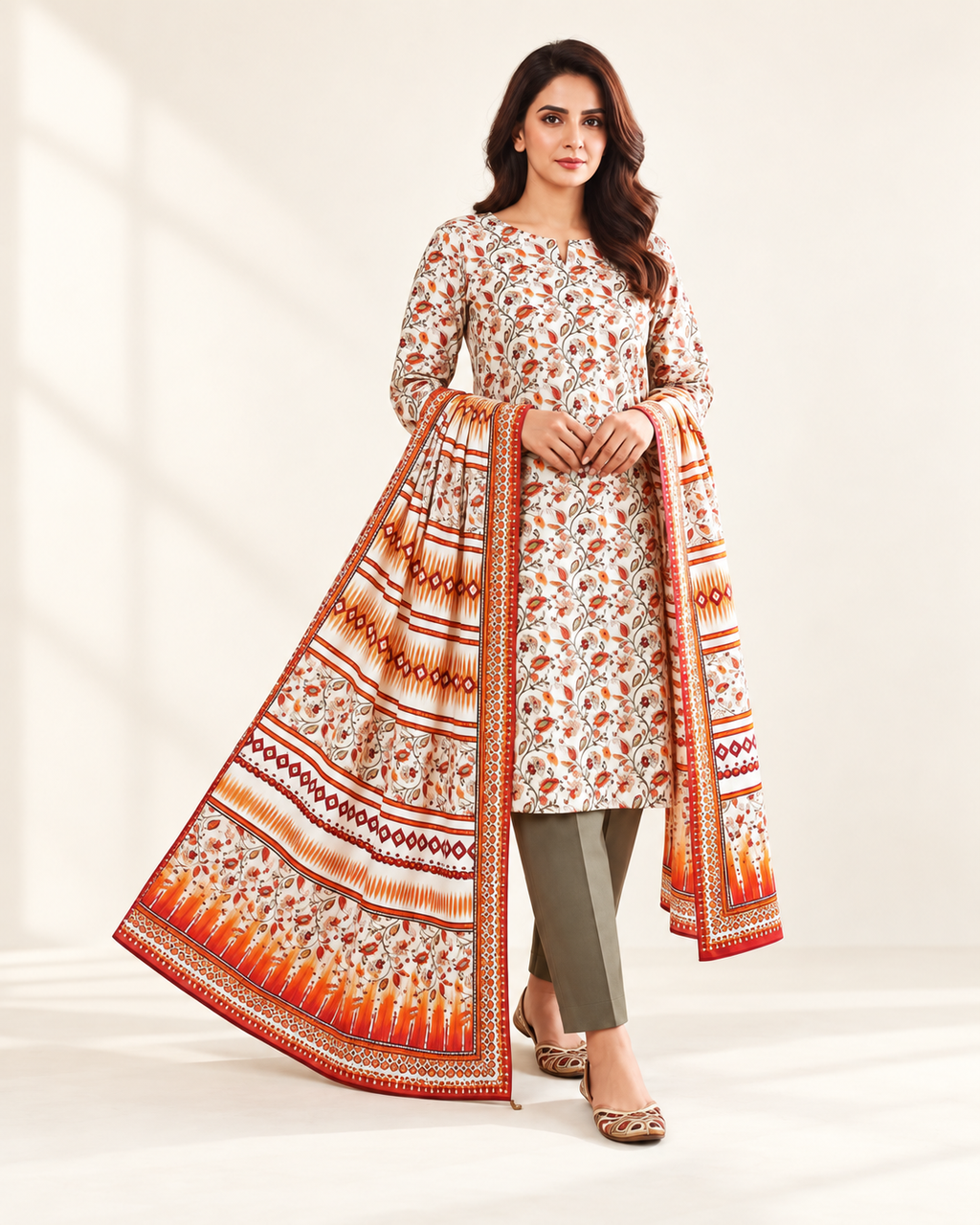 Alkaram Orange Printed Lawn 3-Piece - matching studio view