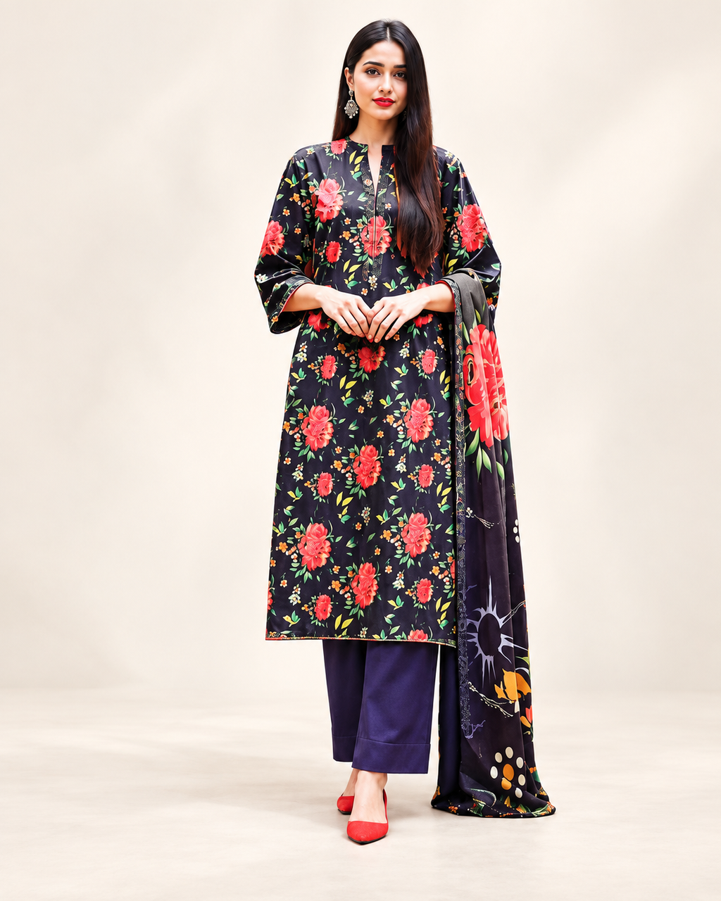 Alkaram Black Floral Doria Lawn 3-Piece - matching studio view