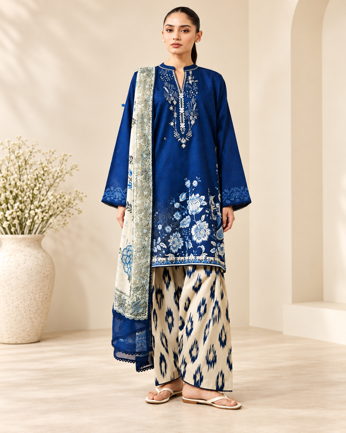 COCO Cassia Blue Khaddar 3-Piece - matching studio view