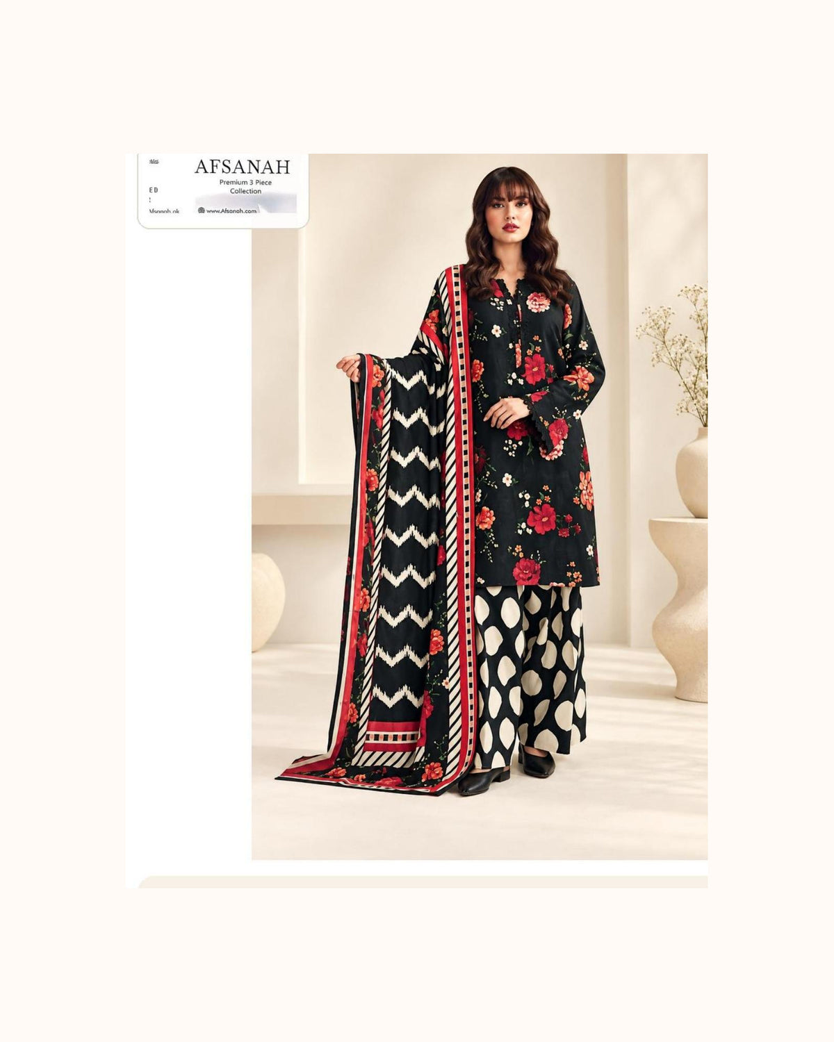 Afsanah Black Floral Khaddar 3-Piece - original catalogue suit