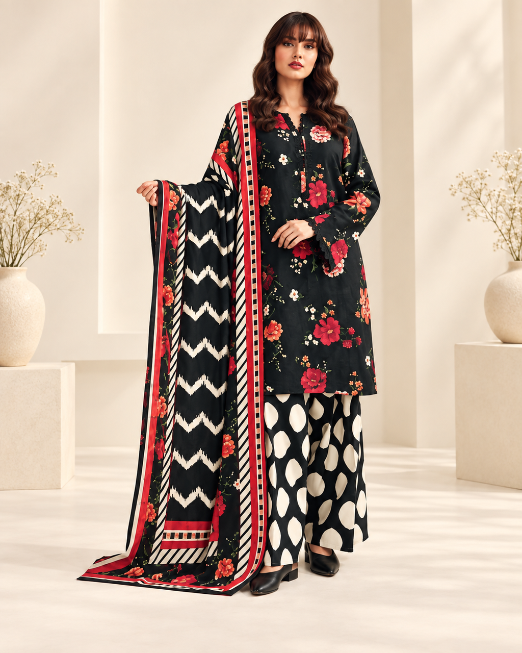 Afsanah Black Floral Khaddar 3-Piece - matching studio view