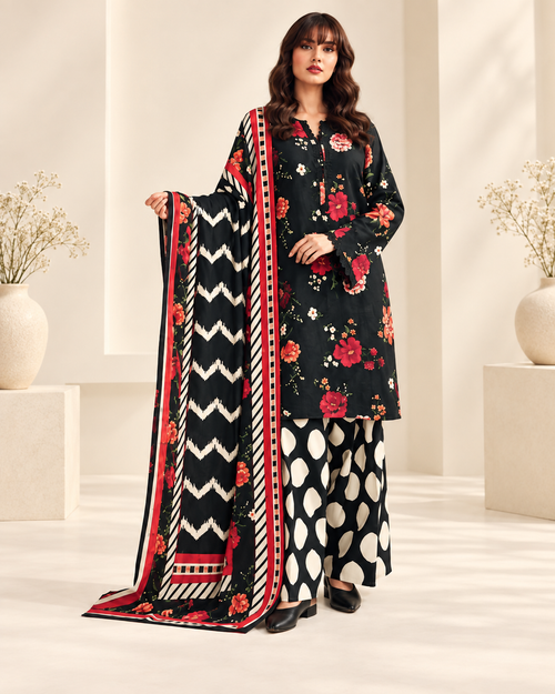 Afsanah Black Floral Khaddar 3-Piece - matching studio view